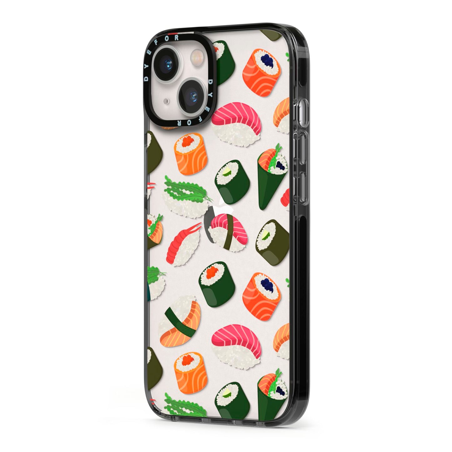 Sushi Fun iPhone 13 Black Impact Case Side Angle on Silver phone