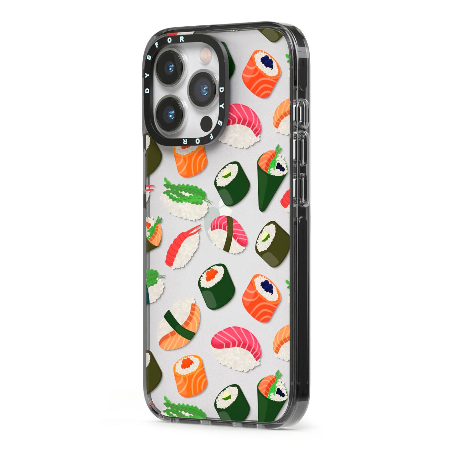 Sushi Fun iPhone 13 Pro Black Impact Case Side Angle on Silver phone