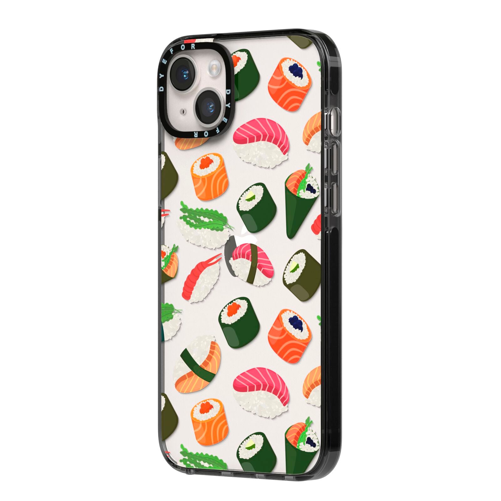 Sushi Fun iPhone 14 Plus Black Impact Case Side Angle on Silver phone