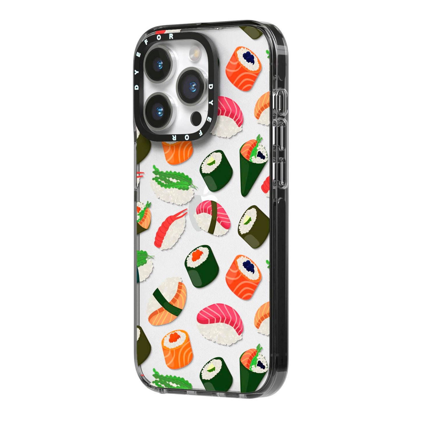 Sushi Fun iPhone 14 Pro Black Impact Case Side Angle on Silver phone