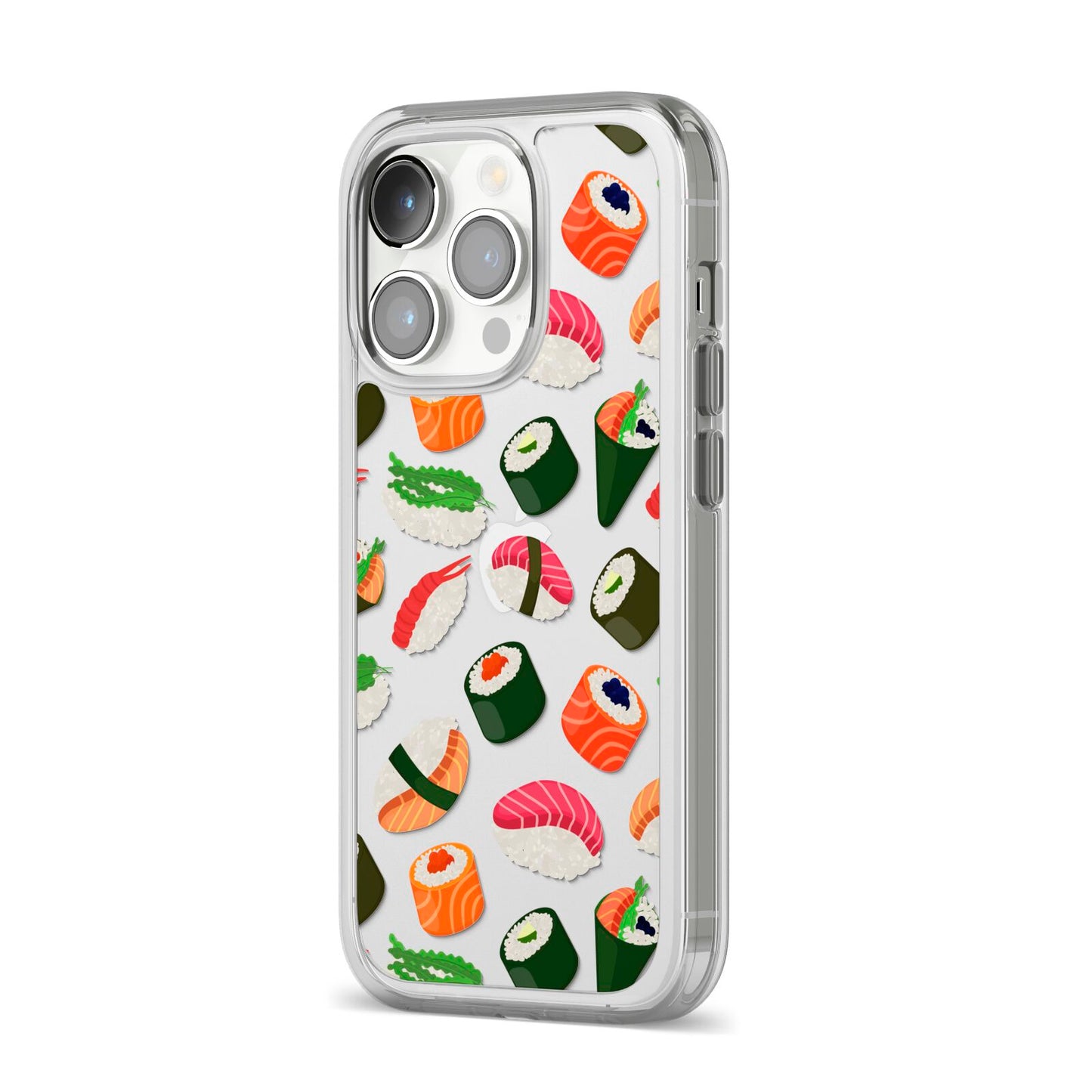 Sushi Fun iPhone 14 Pro Clear Tough Case Silver Angled Image