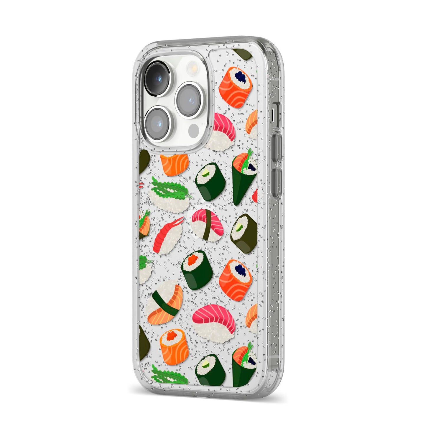 Sushi Fun iPhone 14 Pro Glitter Tough Case Silver Angled Image