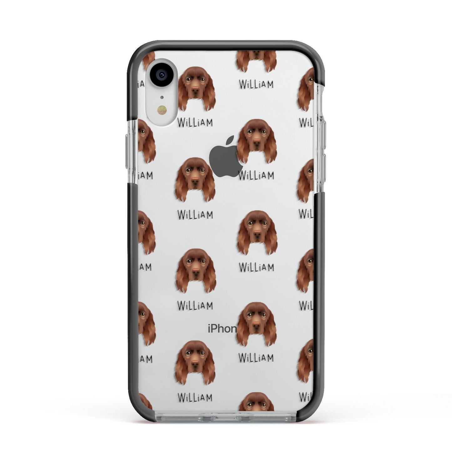 Sussex Spaniel Icon with Name Apple iPhone XR Impact Case Black Edge on Silver Phone