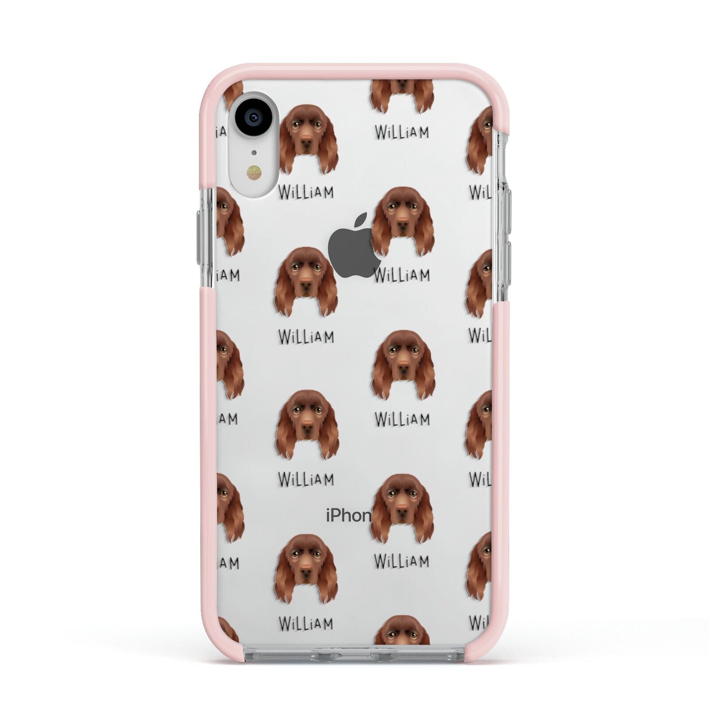 Sussex Spaniel Icon with Name Apple iPhone XR Impact Case Pink Edge on Silver Phone