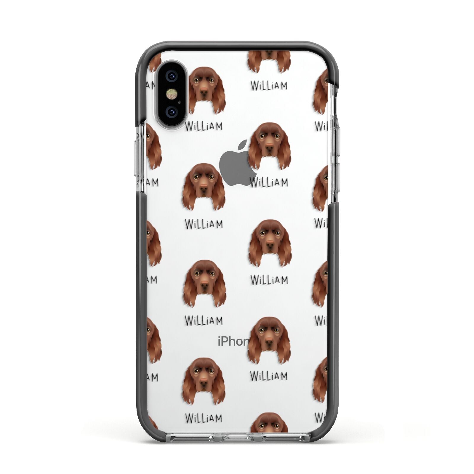 Sussex Spaniel Icon with Name Apple iPhone Xs Impact Case Black Edge on Silver Phone