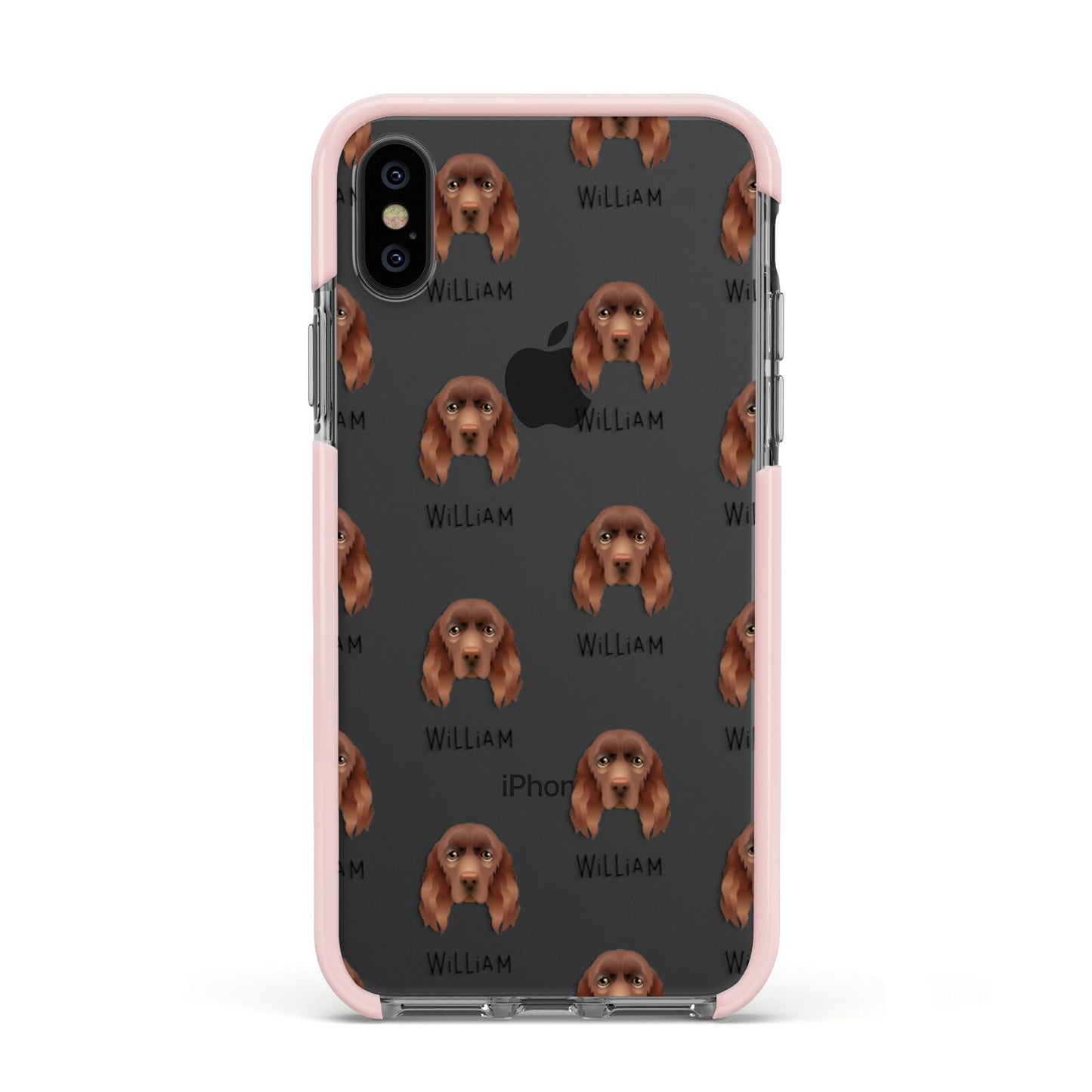 Sussex Spaniel Icon with Name Apple iPhone Xs Impact Case Pink Edge on Black Phone