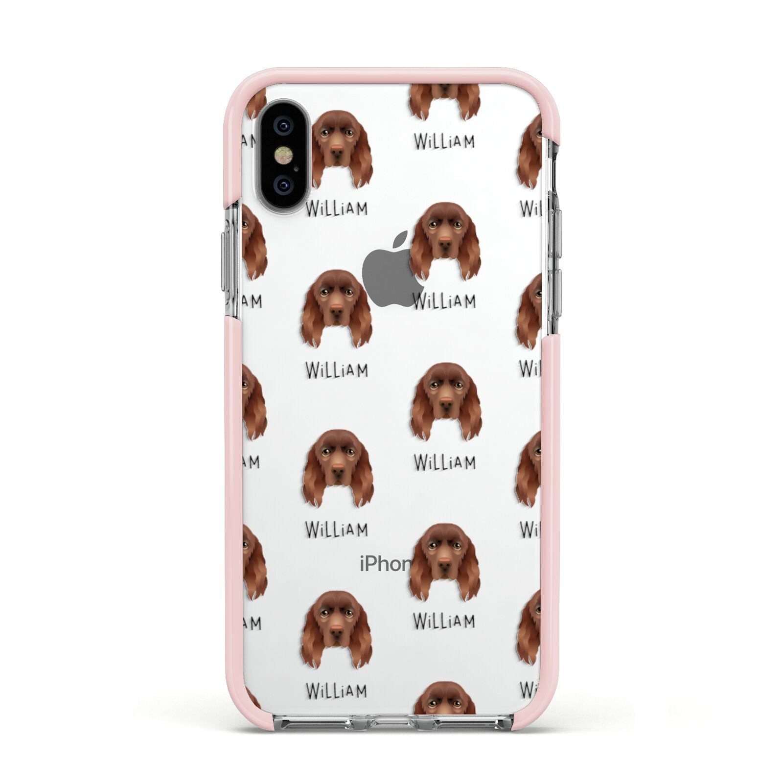 Sussex Spaniel Icon with Name Apple iPhone Xs Impact Case Pink Edge on Silver Phone