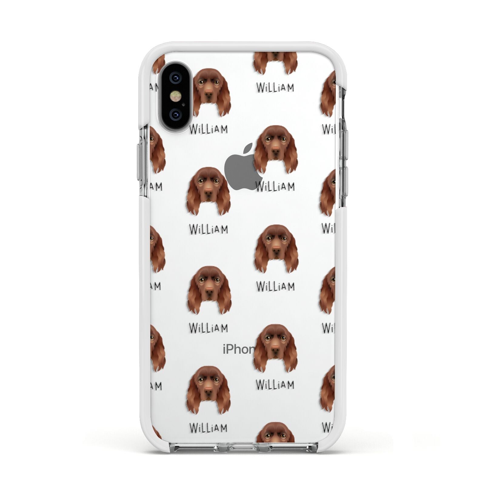 Sussex Spaniel Icon with Name Apple iPhone Xs Impact Case White Edge on Silver Phone