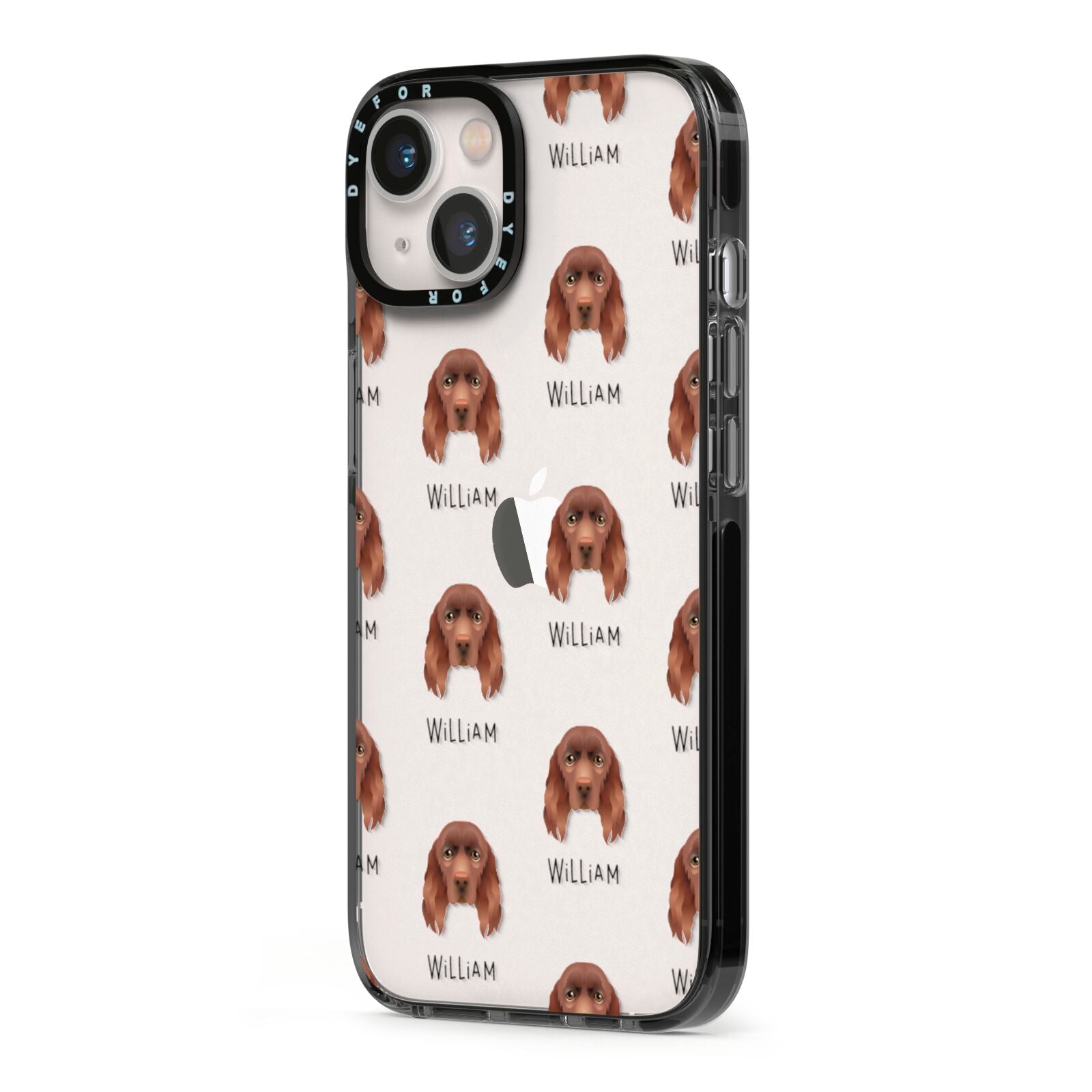 Sussex Spaniel Icon with Name iPhone 13 Black Impact Case Side Angle on Silver phone