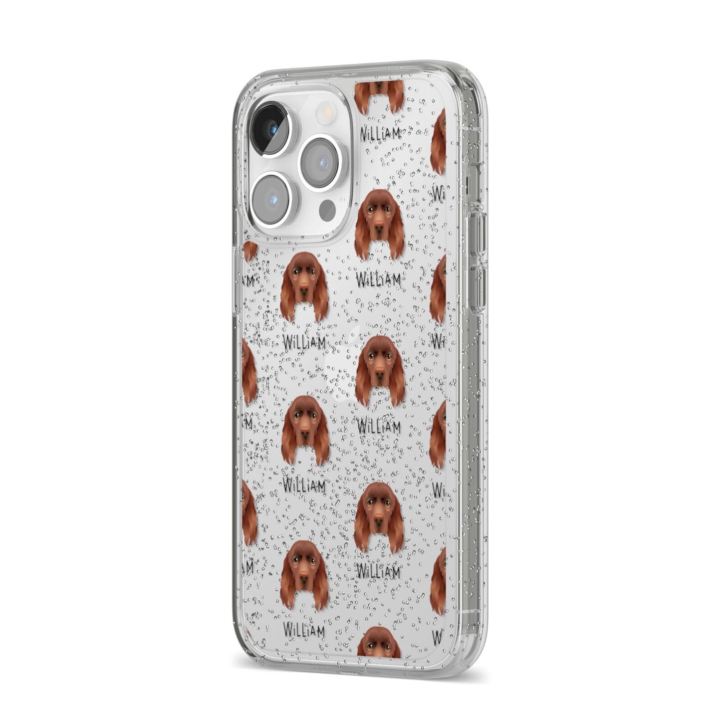 Sussex Spaniel Icon with Name iPhone 14 Pro Max Glitter Tough Case Silver Angled Image