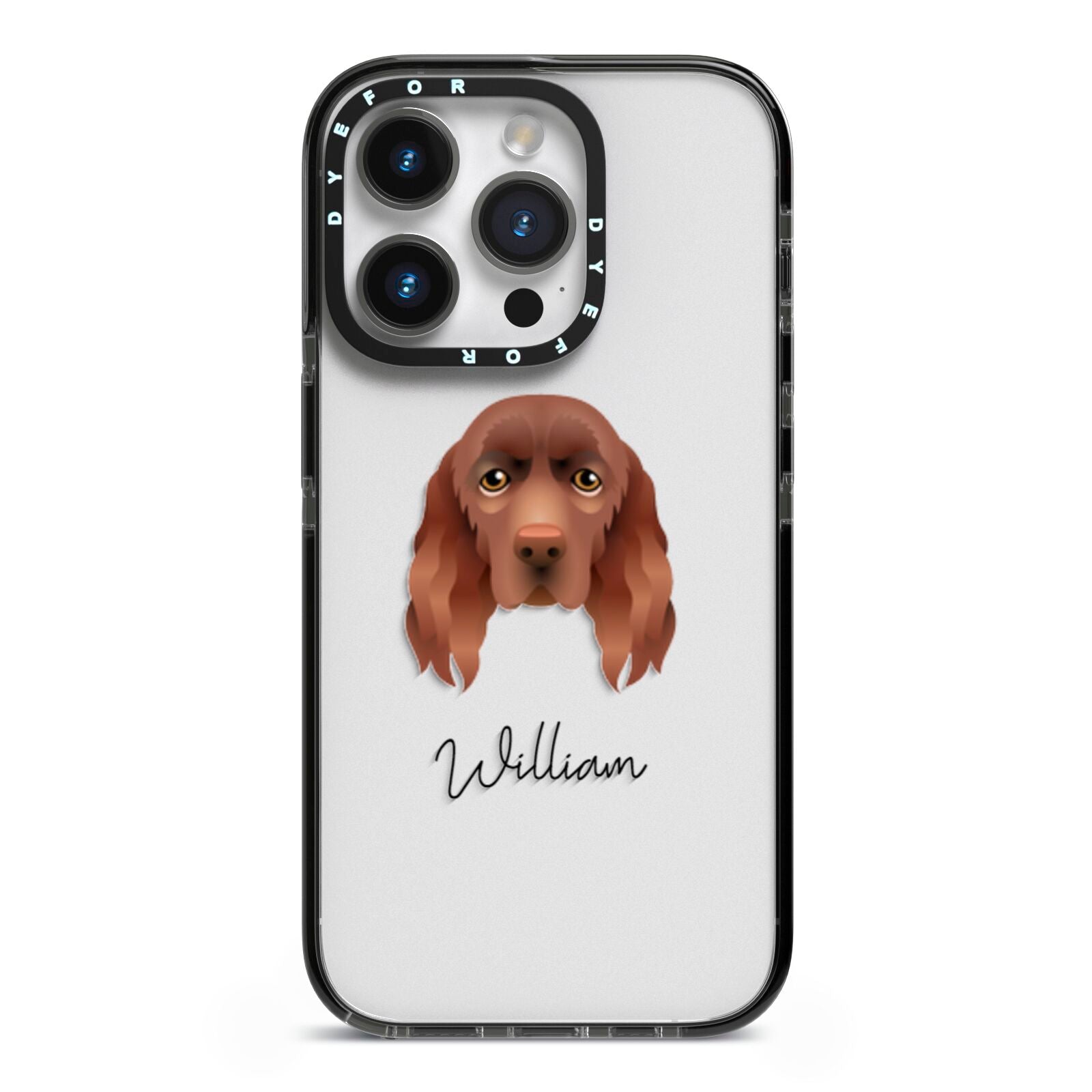 Sussex Spaniel Personalised iPhone 14 Pro Black Impact Case on Silver phone