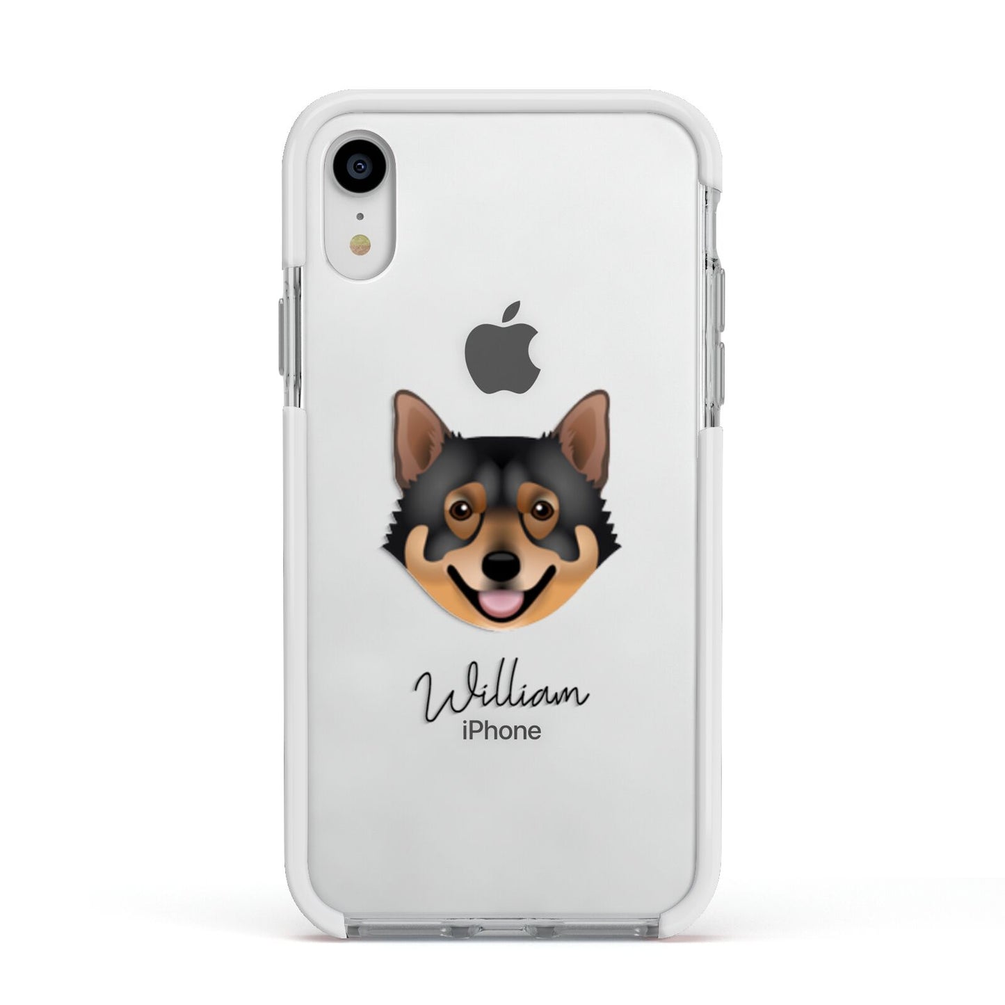 Swedish Vallhund Personalised Apple iPhone XR Impact Case White Edge on Silver Phone