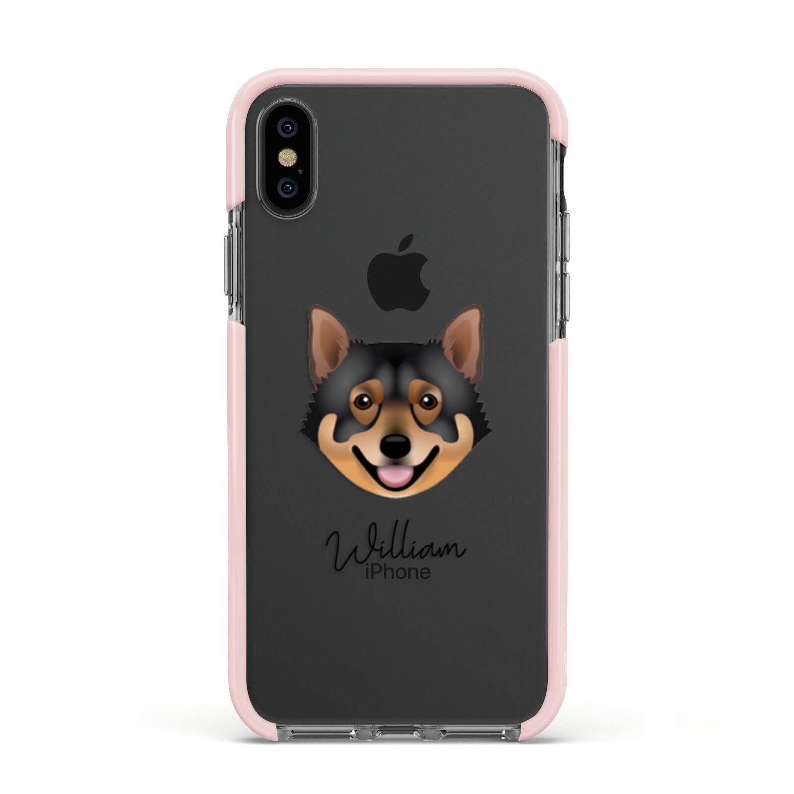 Swedish Vallhund Personalised Apple iPhone Xs Impact Case Pink Edge on Black Phone