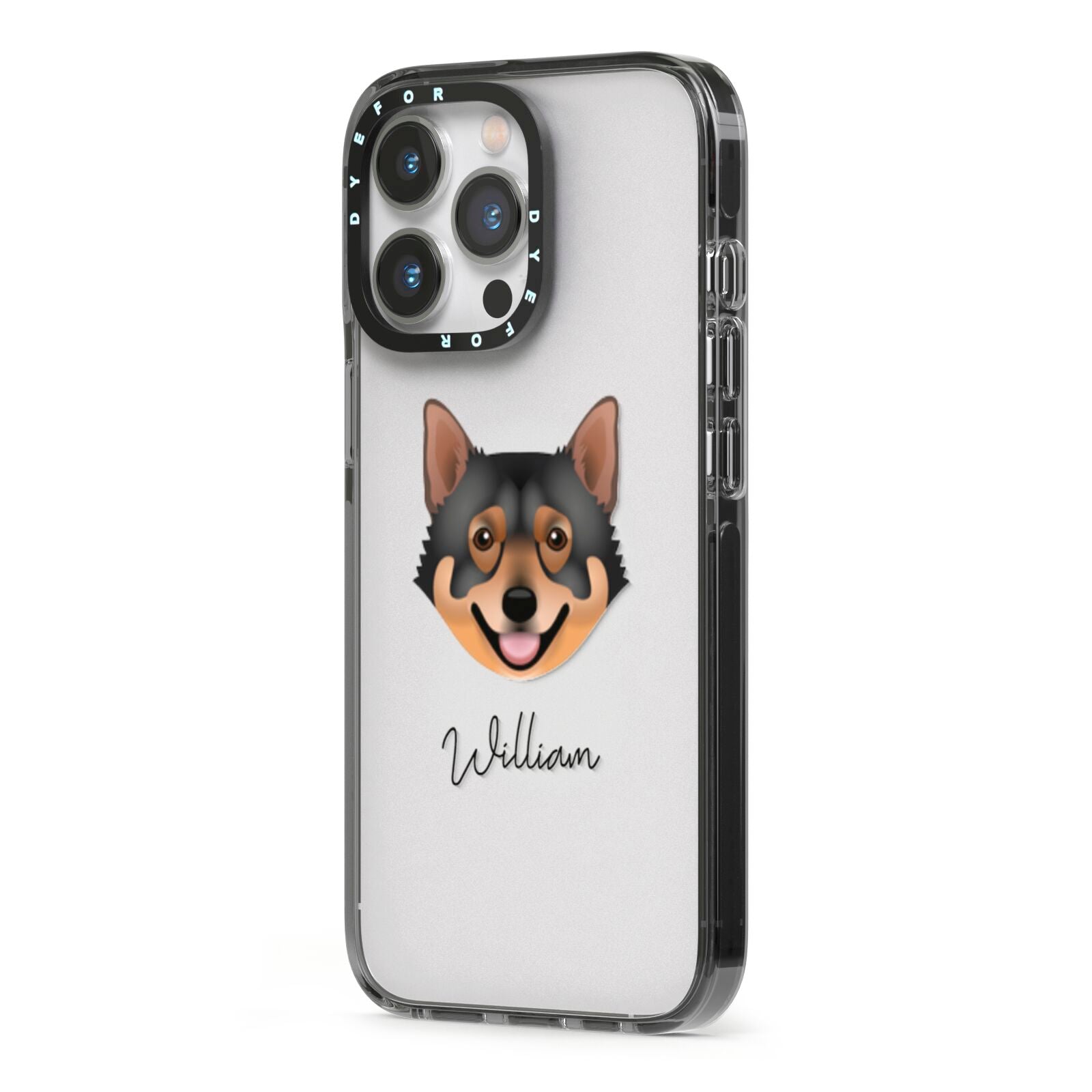 Swedish Vallhund Personalised iPhone 13 Pro Black Impact Case Side Angle on Silver phone