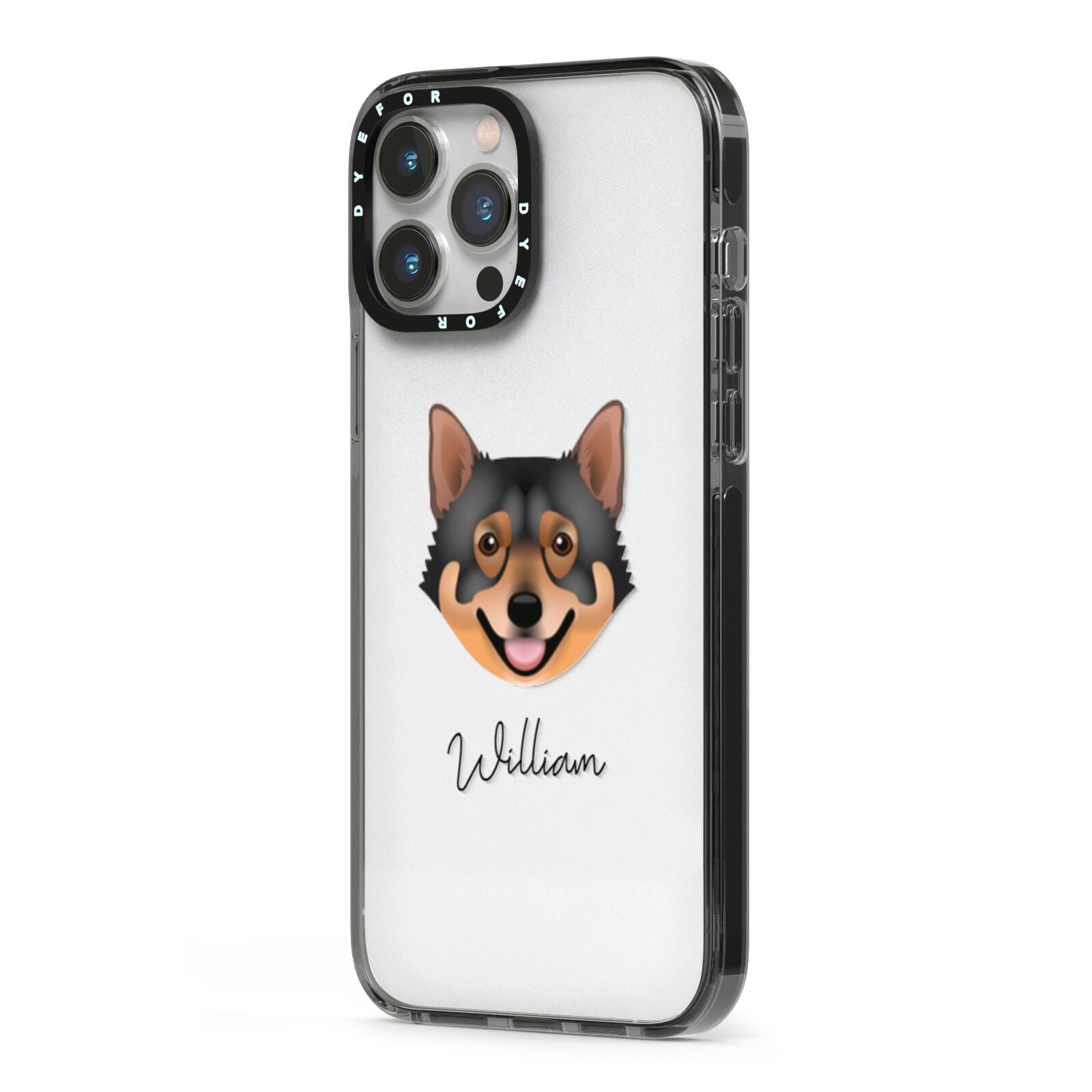 Swedish Vallhund Personalised iPhone 13 Pro Max Black Impact Case Side Angle on Silver phone