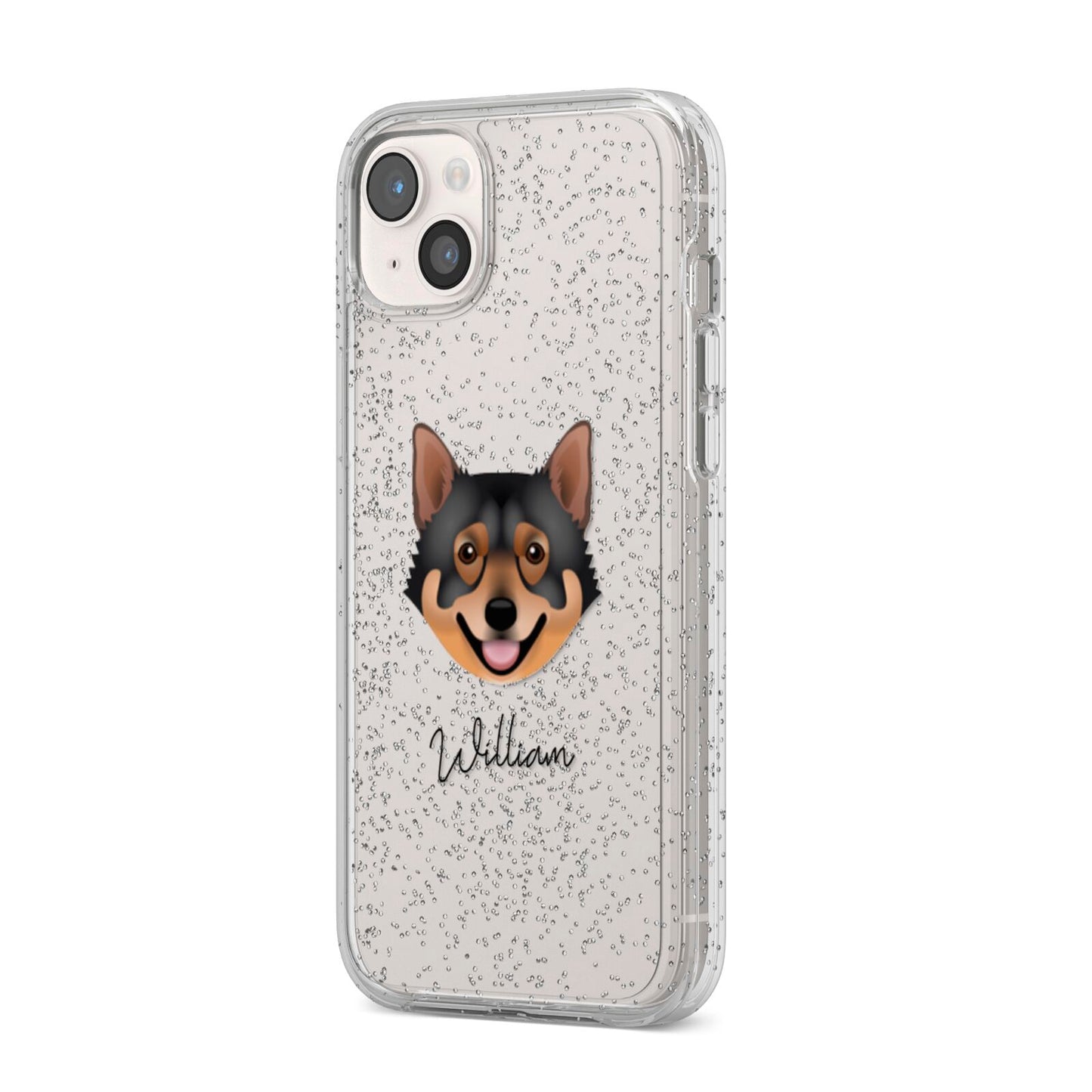 Swedish Vallhund Personalised iPhone 14 Plus Glitter Tough Case Starlight Angled Image