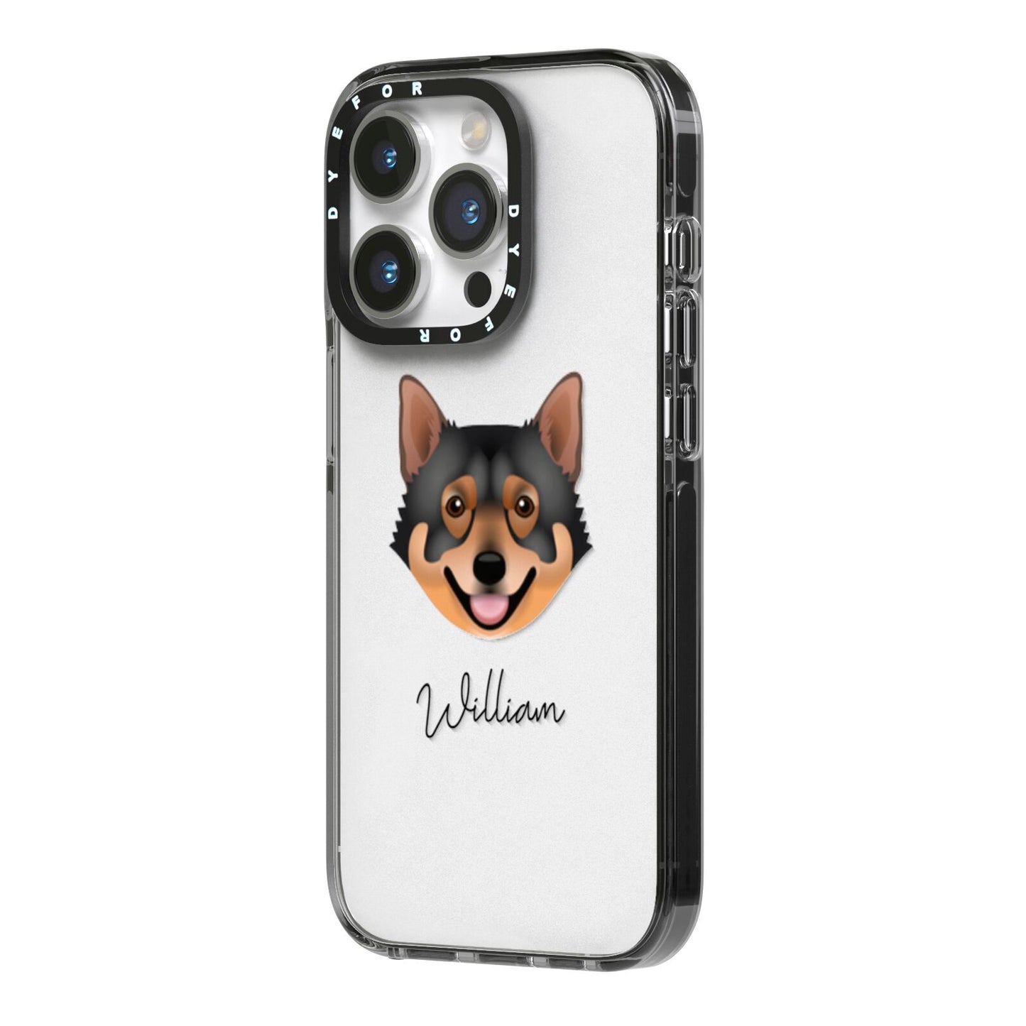 Swedish Vallhund Personalised iPhone 14 Pro Black Impact Case Side Angle on Silver phone