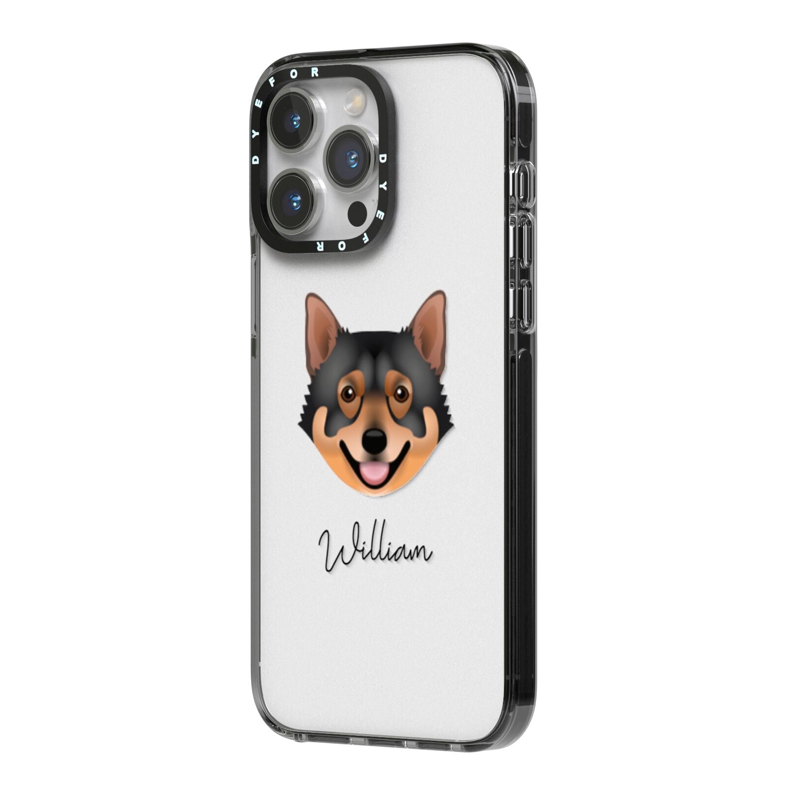 Swedish Vallhund Personalised iPhone 14 Pro Max Black Impact Case Side Angle on Silver phone