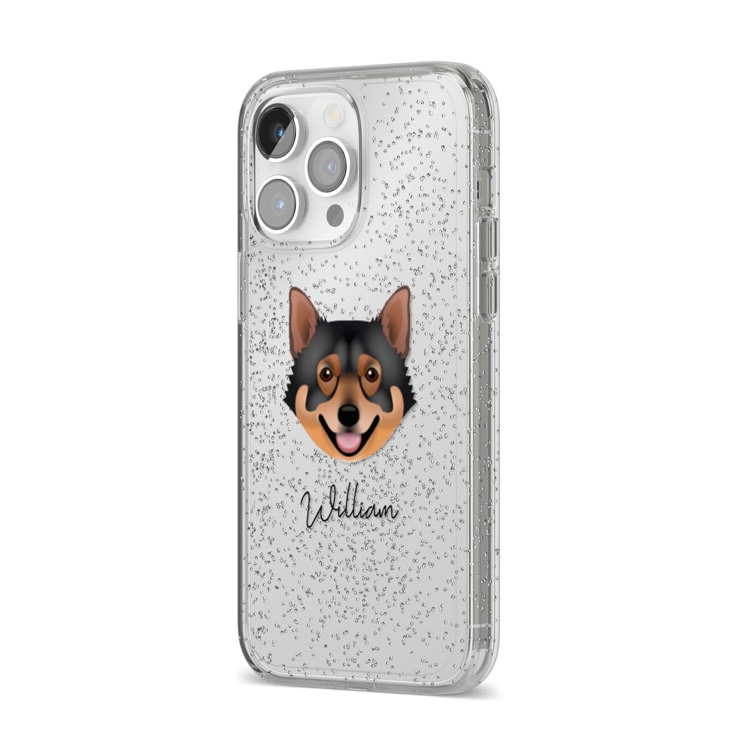 Swedish Vallhund Personalised iPhone 14 Pro Max Glitter Tough Case Silver Angled Image