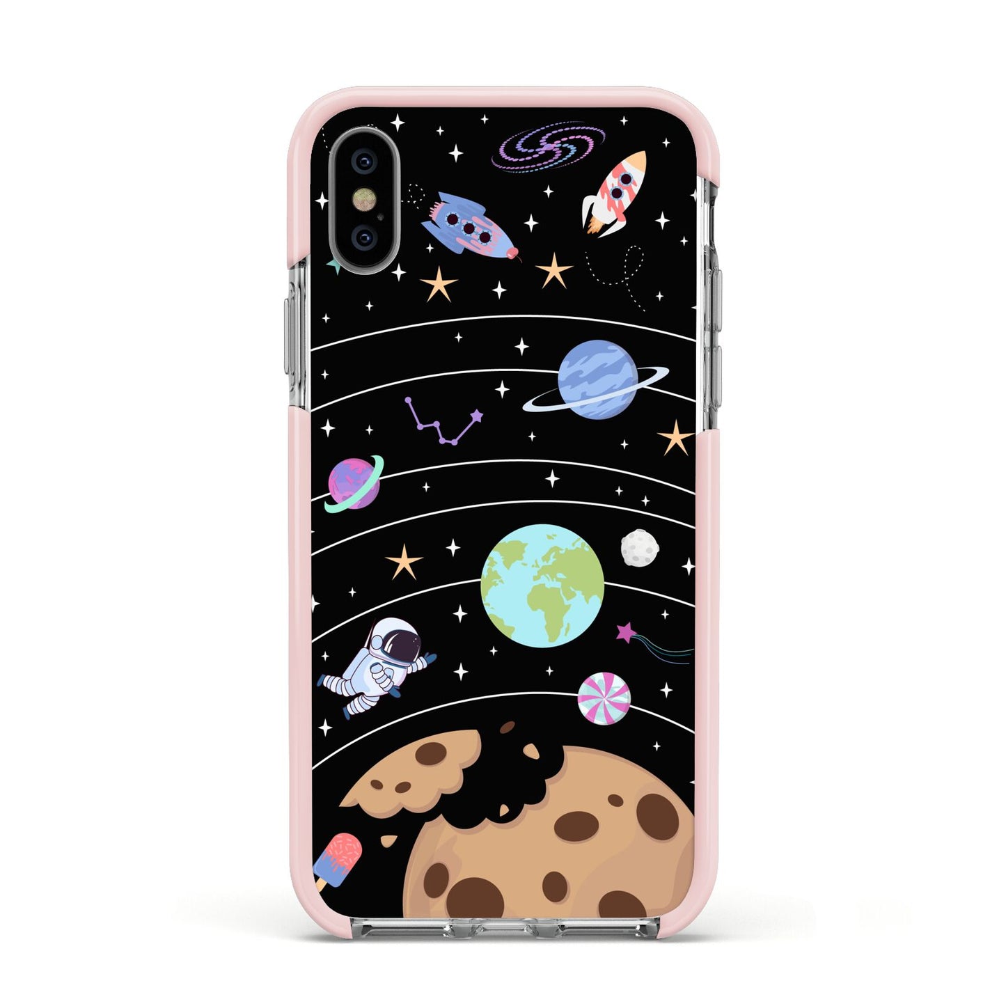 Sweet Celestial Scene Apple iPhone Xs Impact Case Pink Edge on Silver Phone