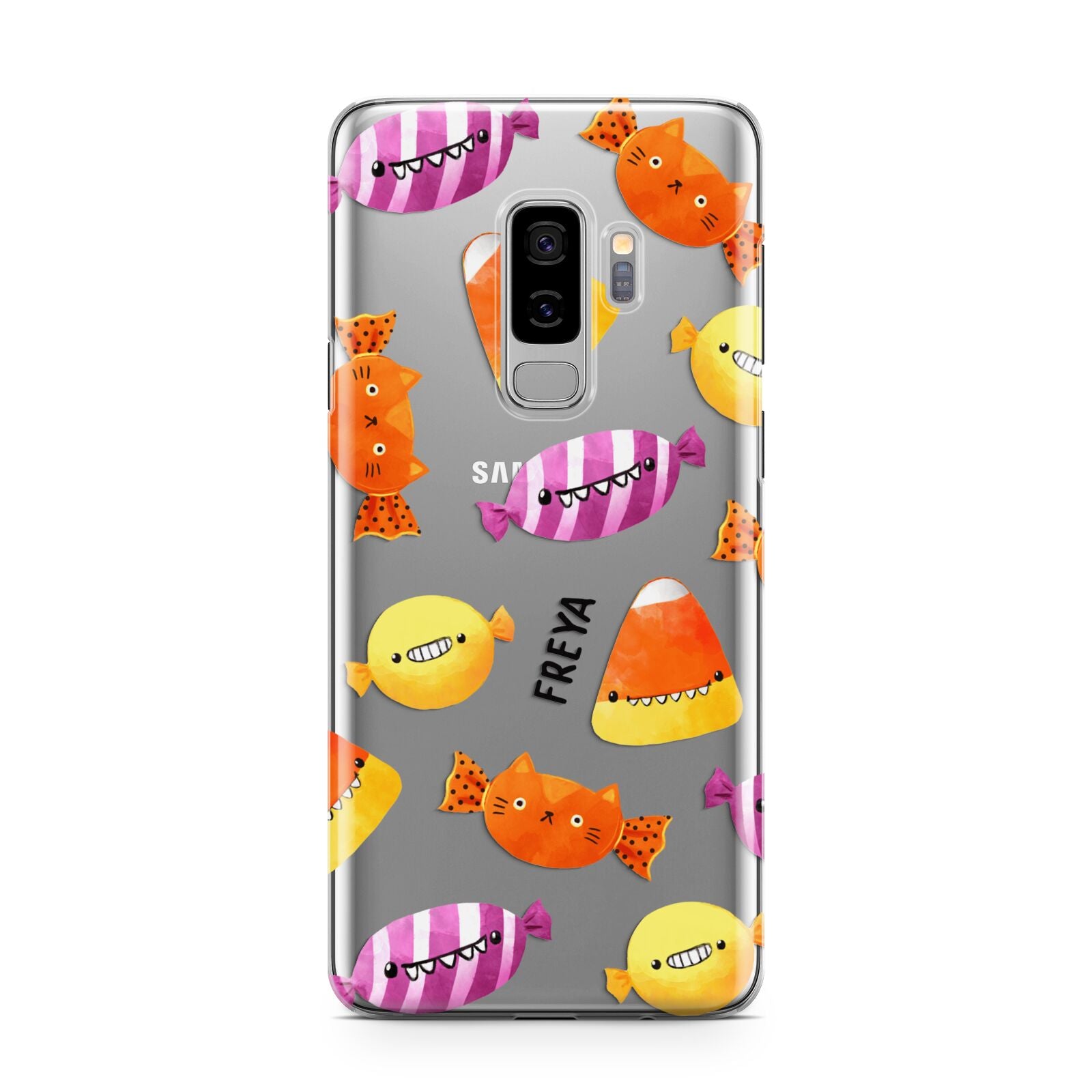 Sweet Faces Halloween Personalised Samsung Galaxy S9 Plus Case on Silver phone