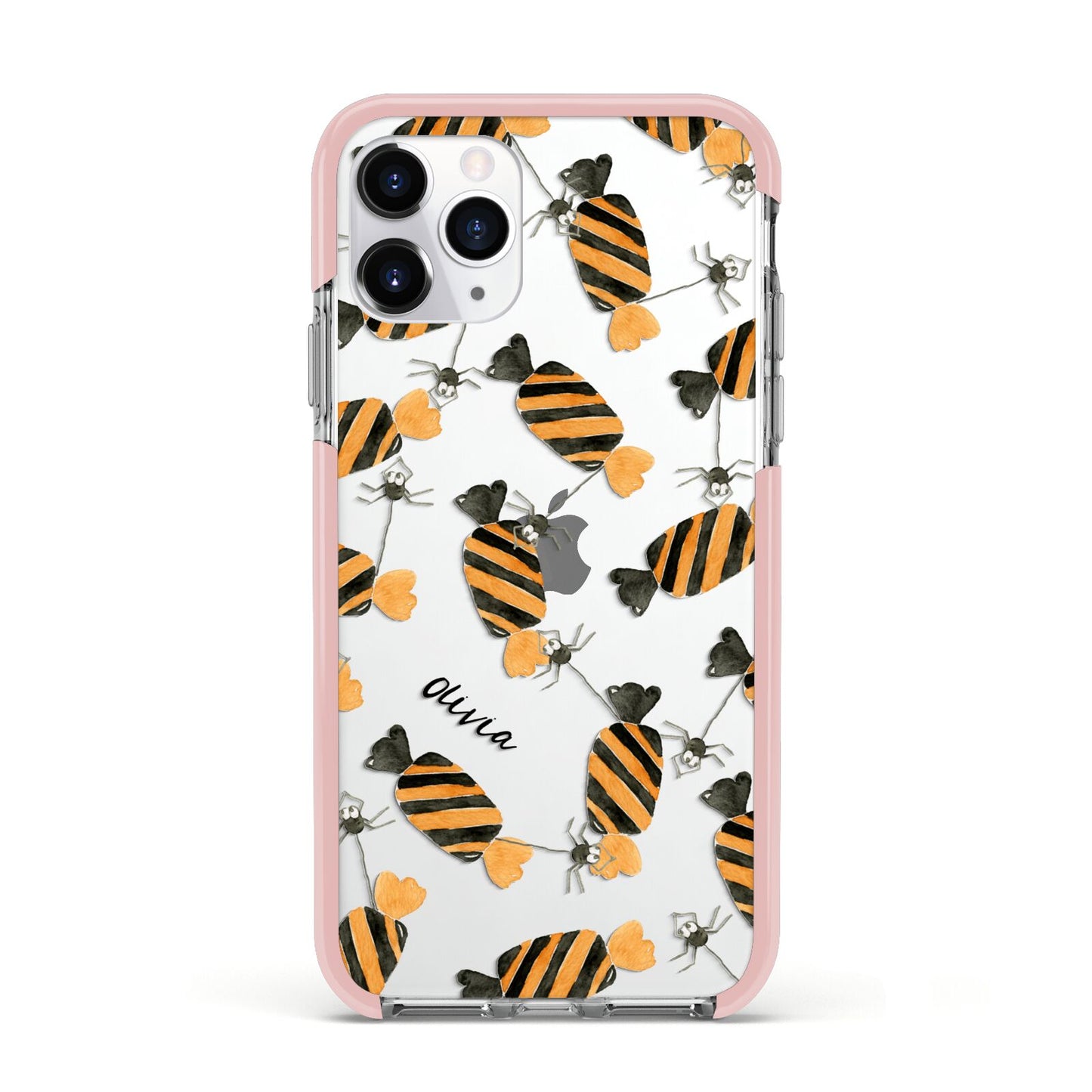 Sweet Spider Halloween Personalised Apple iPhone 11 Pro in Silver with Pink Impact Case