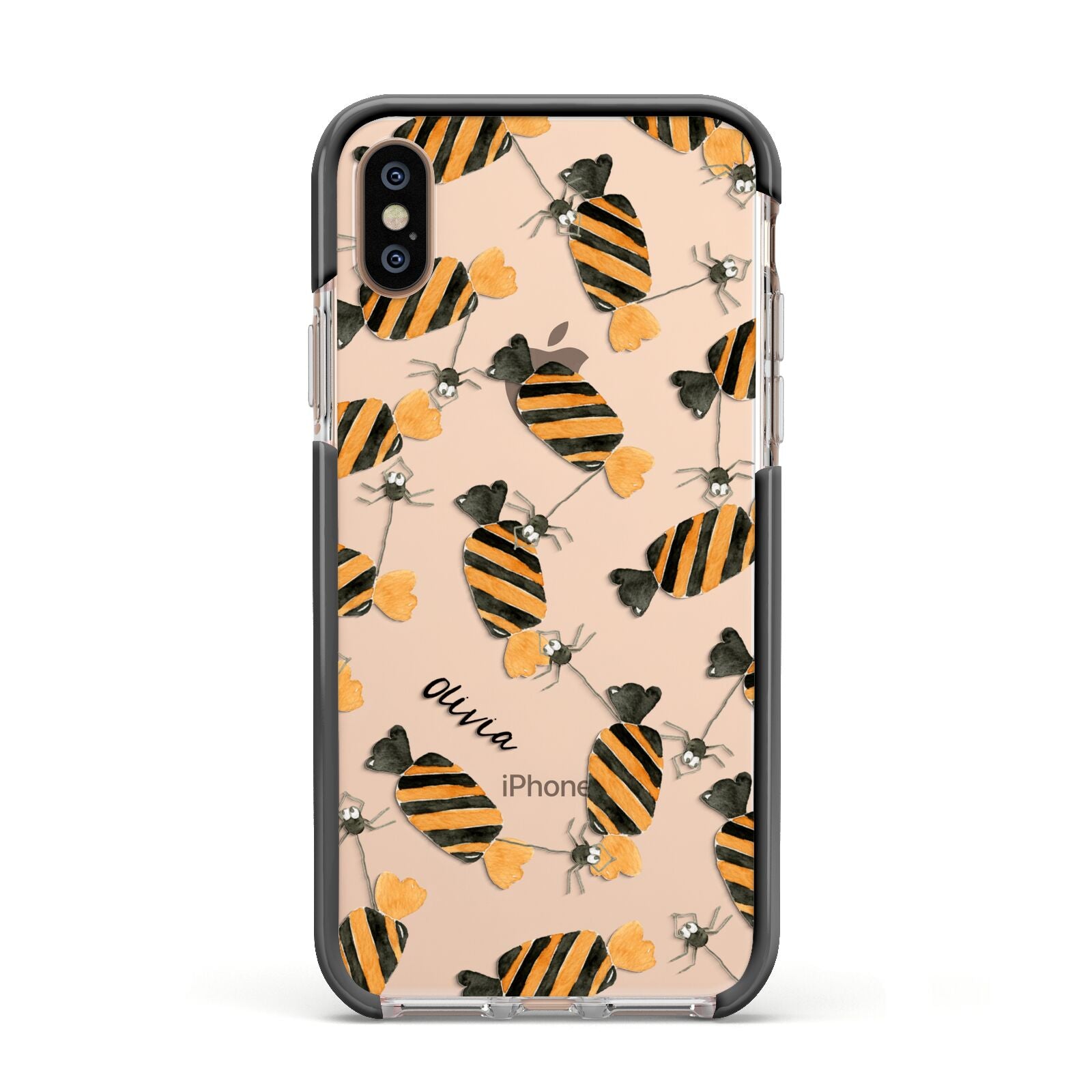 Sweet Spider Halloween Personalised Apple iPhone Xs Impact Case Black Edge on Gold Phone