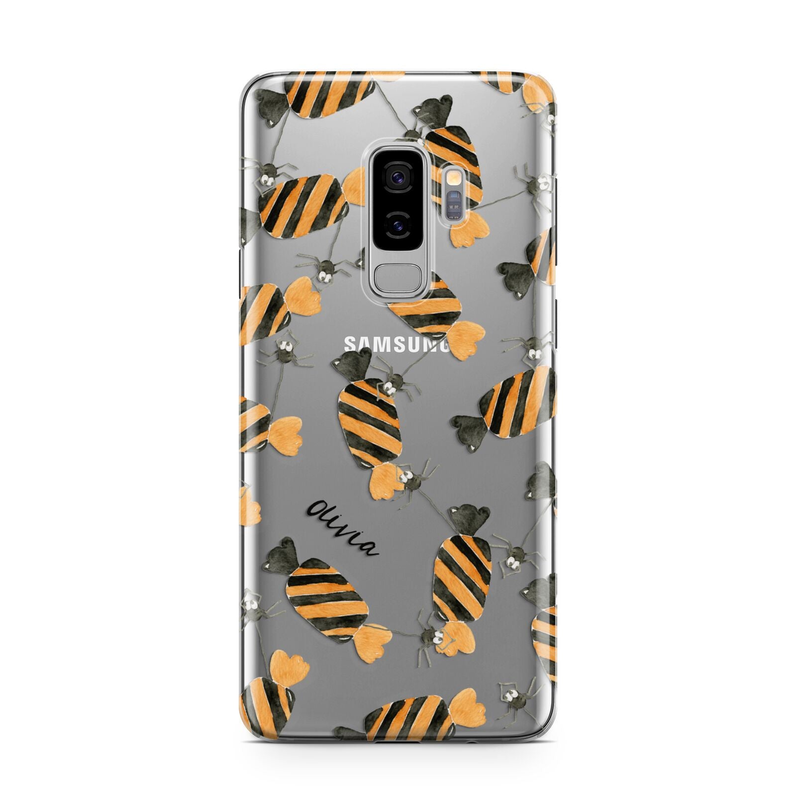 Sweet Spider Halloween Personalised Samsung Galaxy S9 Plus Case on Silver phone