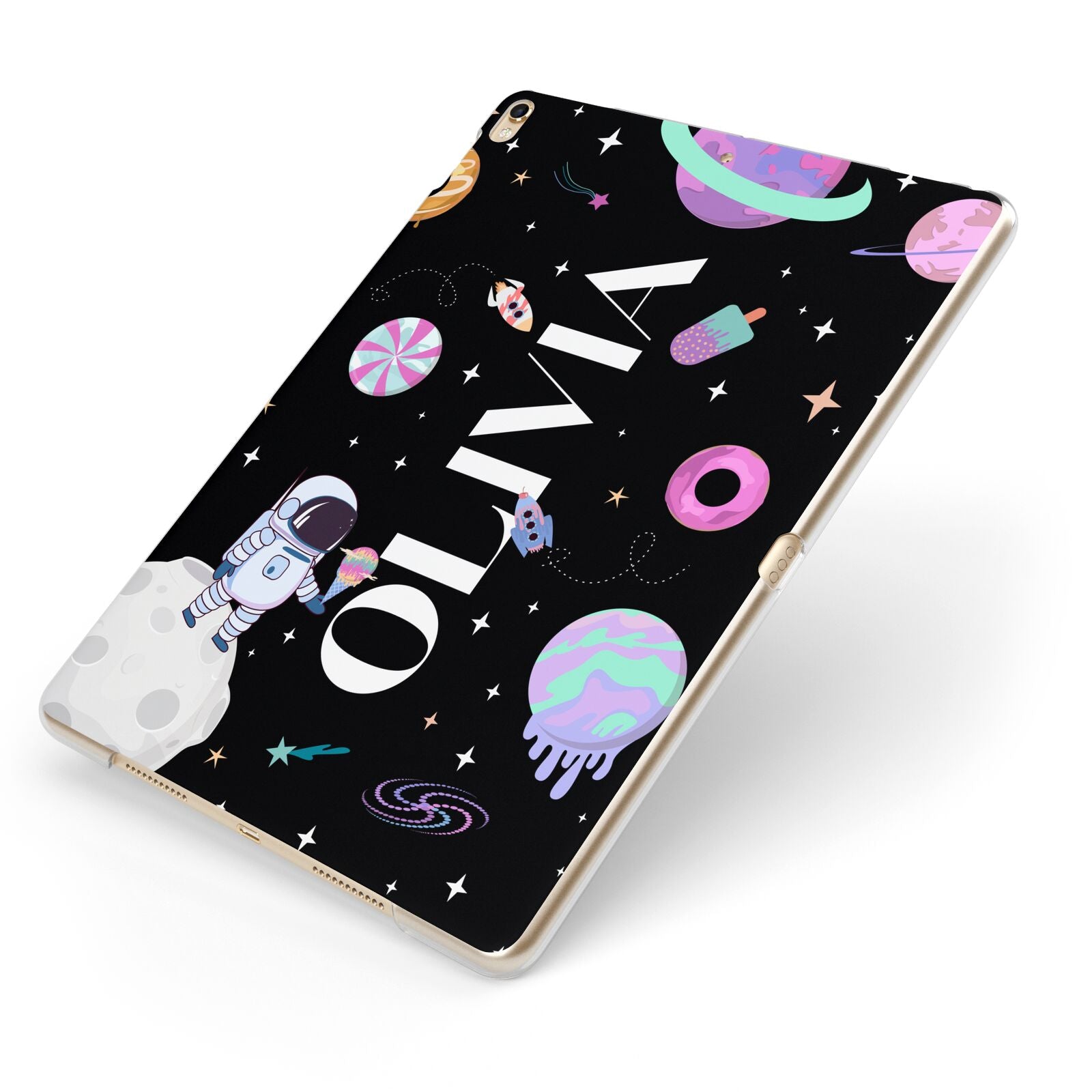 Sweet Treats in Space with Name Apple iPad Case on Gold iPad Side View