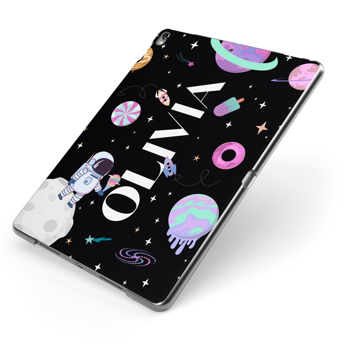 Sweet Treats in Space with Name Apple iPad Case on Grey iPad Side View