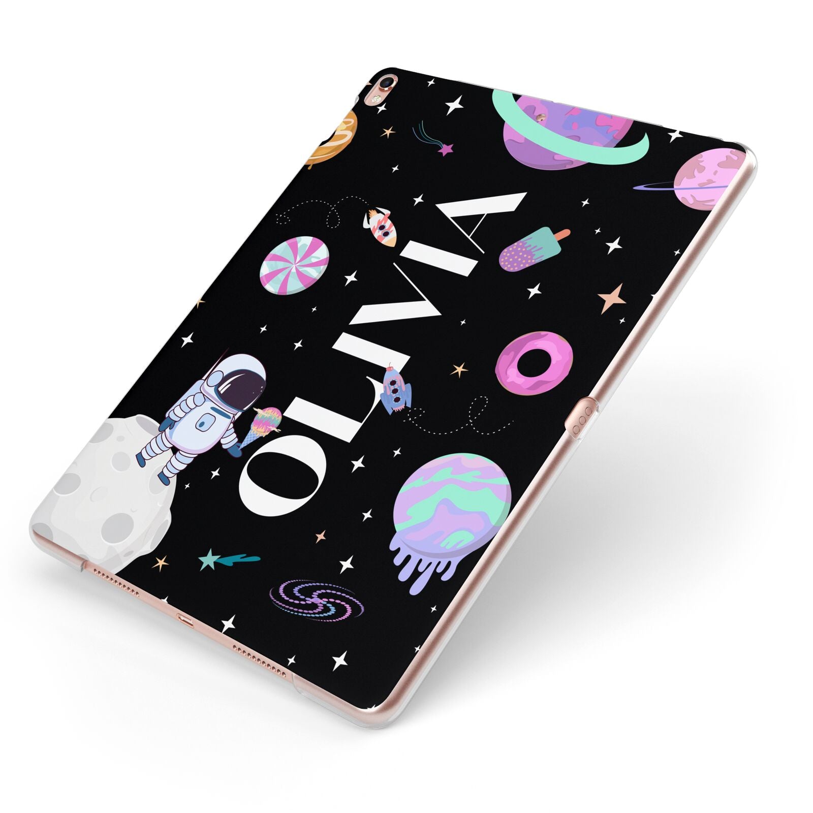 Sweet Treats in Space with Name Apple iPad Case on Rose Gold iPad Side View