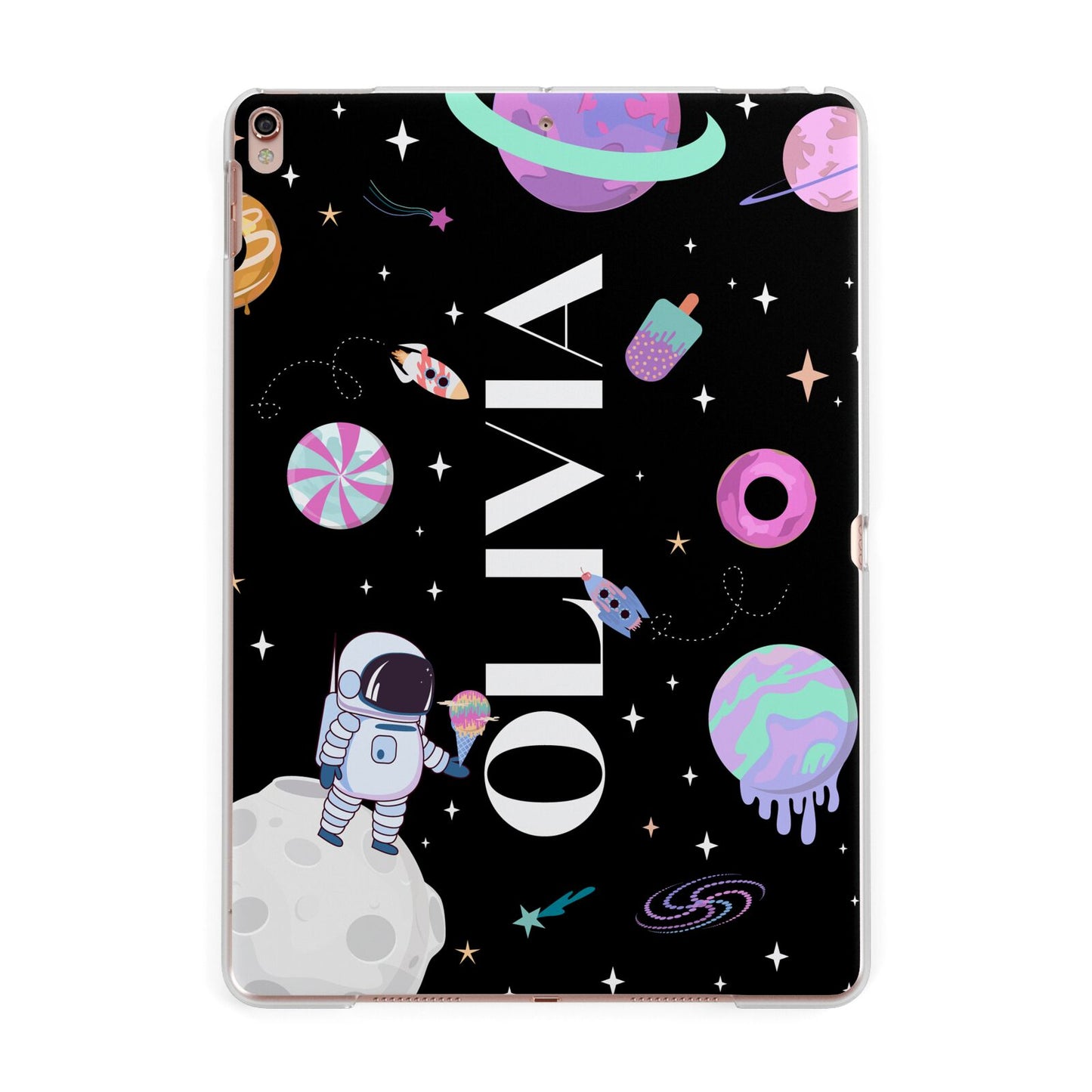 Sweet Treats in Space with Name Apple iPad Rose Gold Case