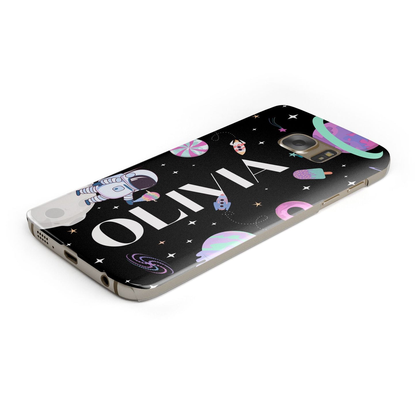 Sweet Treats in Space with Name Protective Samsung Galaxy Case Angled Image