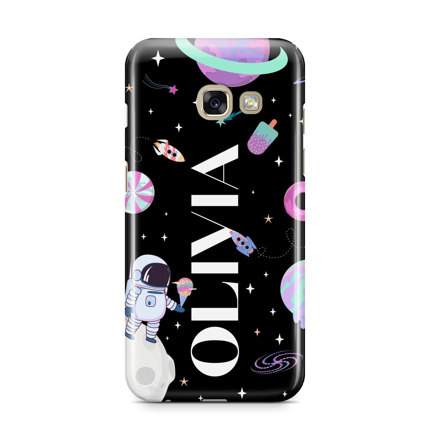 Sweet Treats in Space with Name Samsung Galaxy A3 2017 Case on gold phone