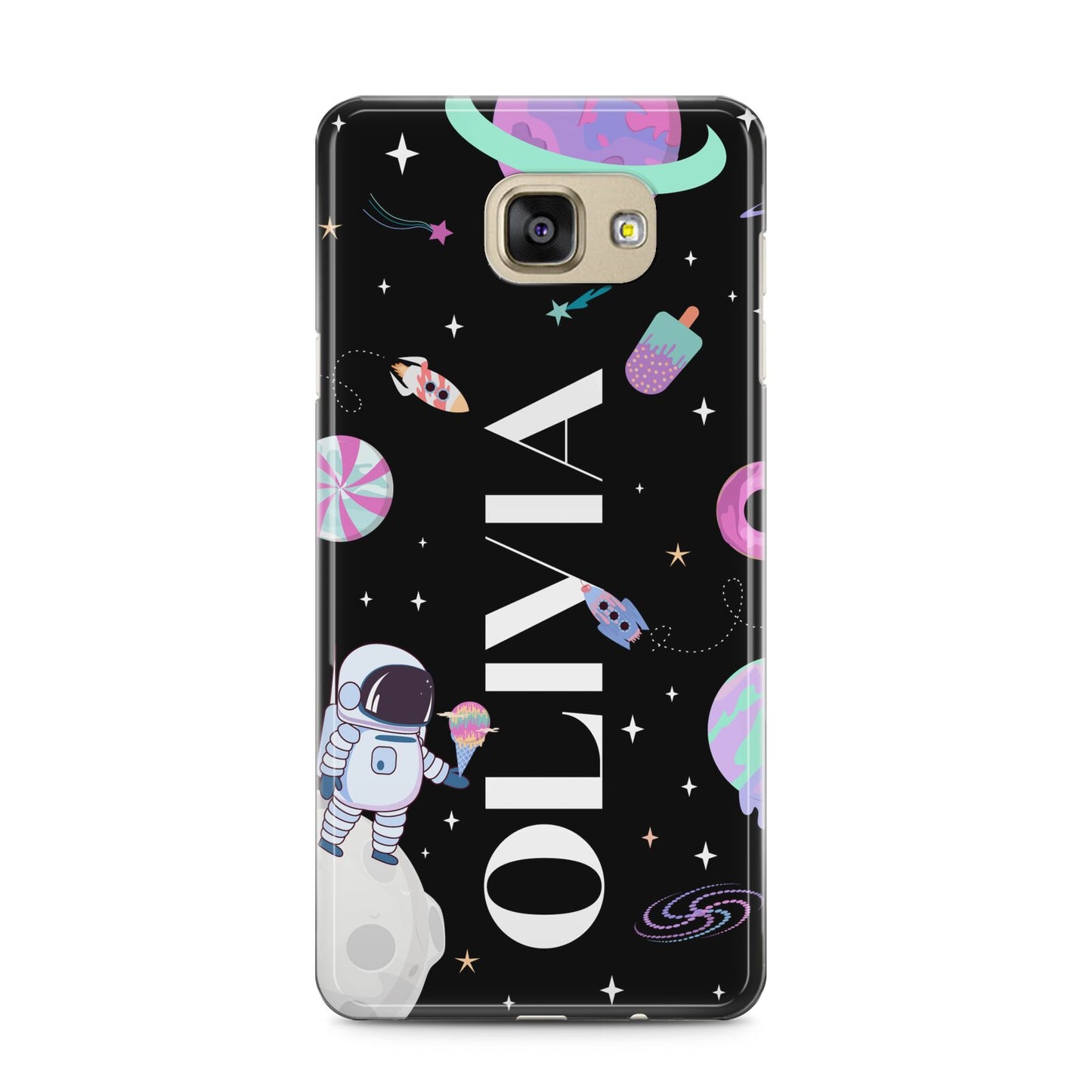 Sweet Treats in Space with Name Samsung Galaxy A5 2016 Case on gold phone