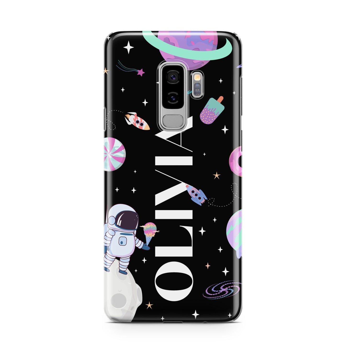 Sweet Treats in Space with Name Samsung Galaxy S9 Plus Case on Silver phone