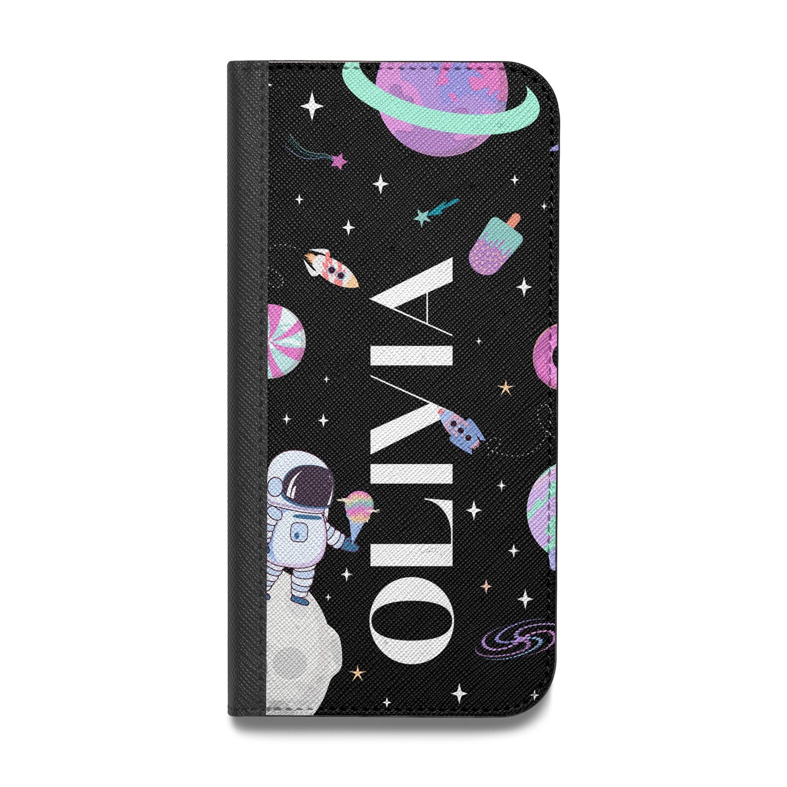 Sweet Treats in Space with Name Vegan Leather Flip iPhone Case