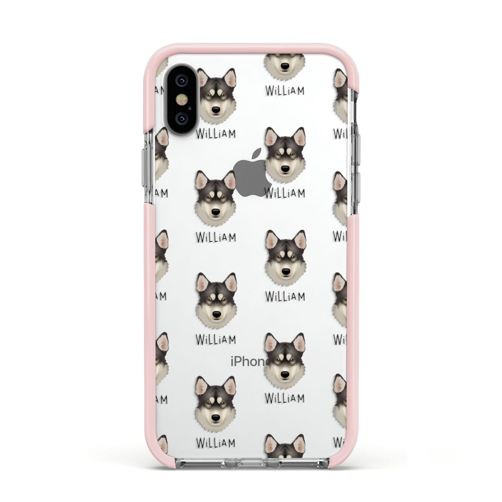 Tamaskan Icon with Name Apple iPhone Xs Impact Case Pink Edge on Silver Phone