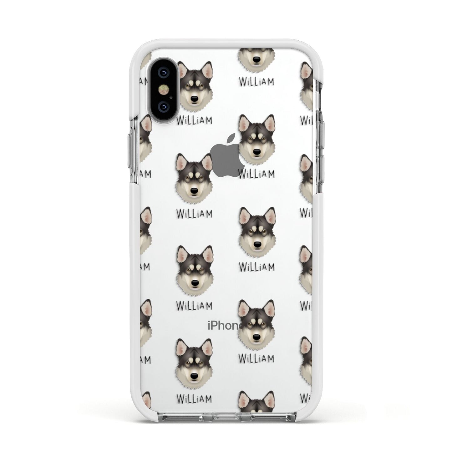 Tamaskan Icon with Name Apple iPhone Xs Impact Case White Edge on Silver Phone