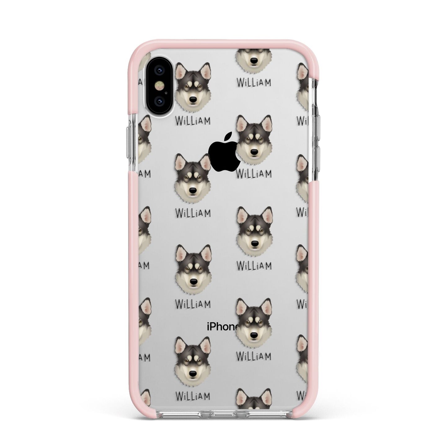 Tamaskan Icon with Name Apple iPhone Xs Max Impact Case Pink Edge on Silver Phone