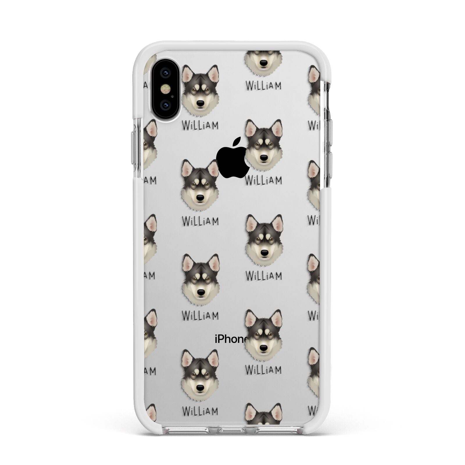 Tamaskan Icon with Name Apple iPhone Xs Max Impact Case White Edge on Silver Phone