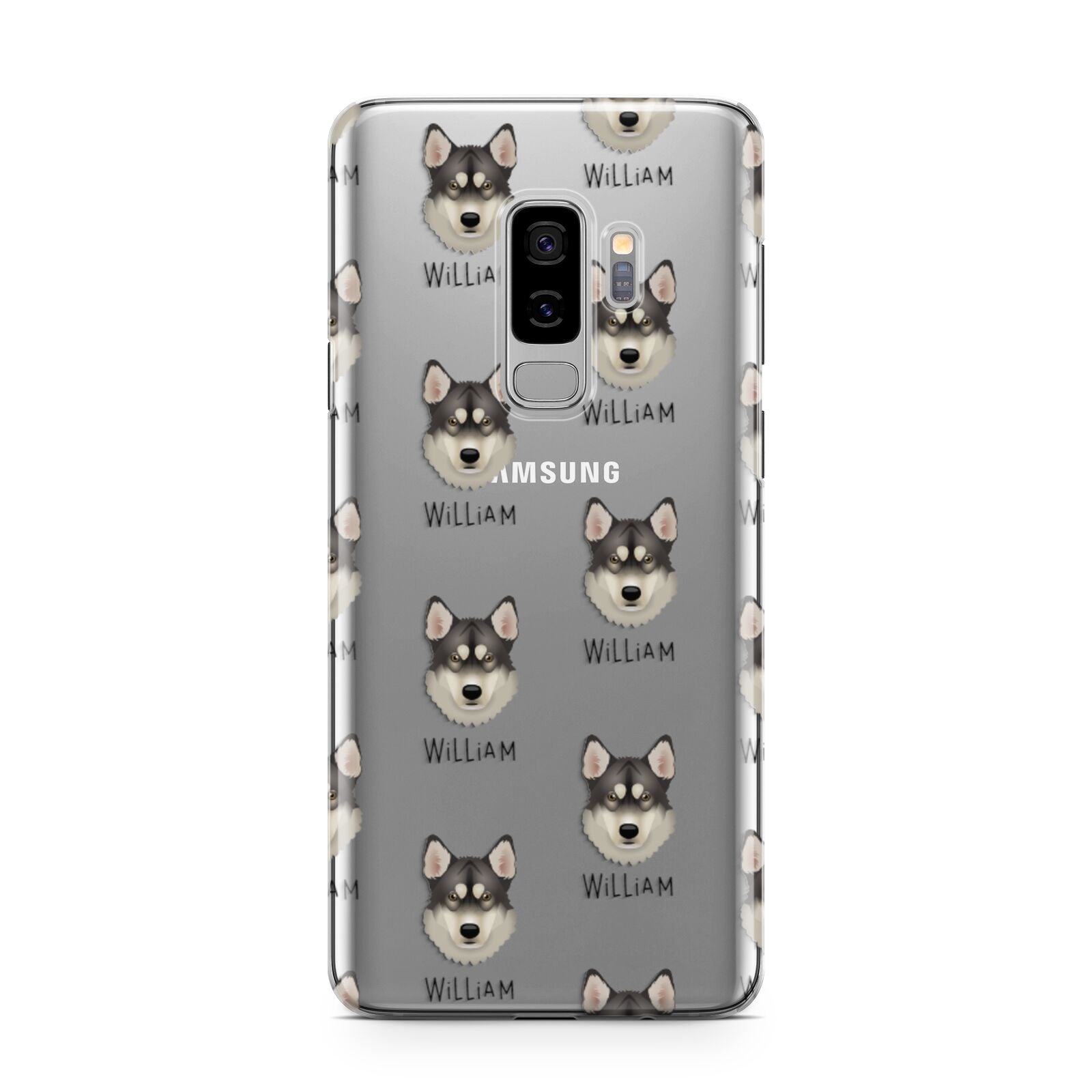 Tamaskan Icon with Name Samsung Galaxy S9 Plus Case on Silver phone