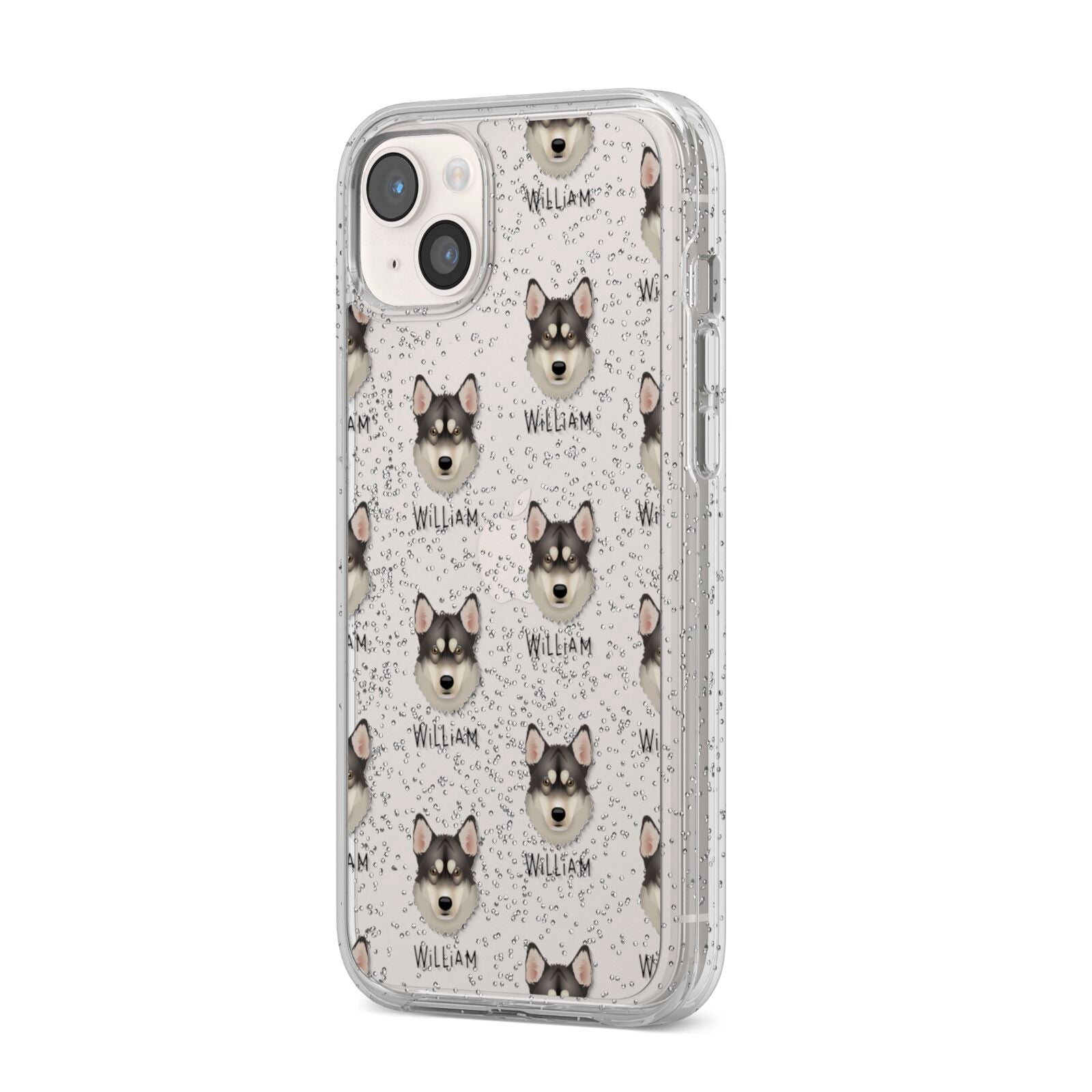 Tamaskan Icon with Name iPhone 14 Plus Glitter Tough Case Starlight Angled Image