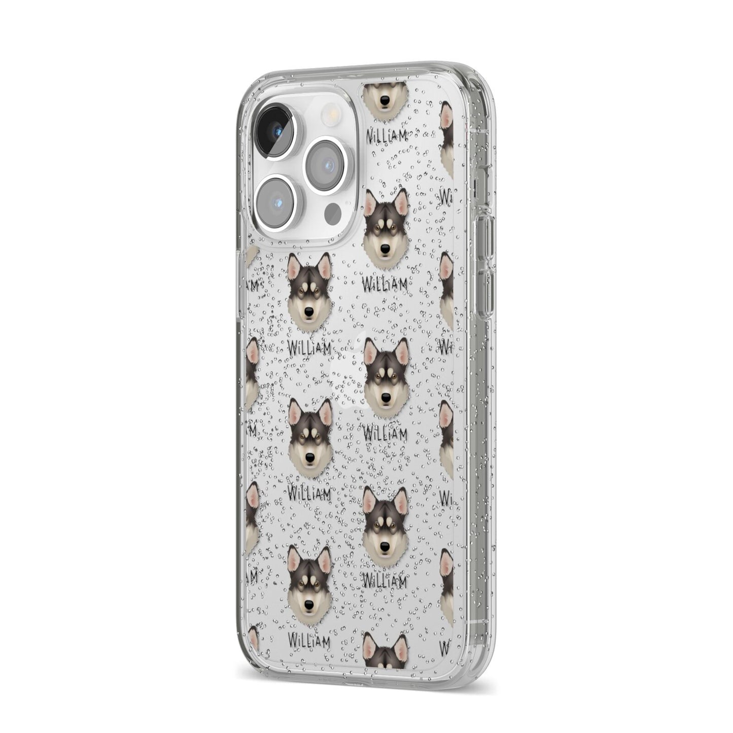 Tamaskan Icon with Name iPhone 14 Pro Max Glitter Tough Case Silver Angled Image
