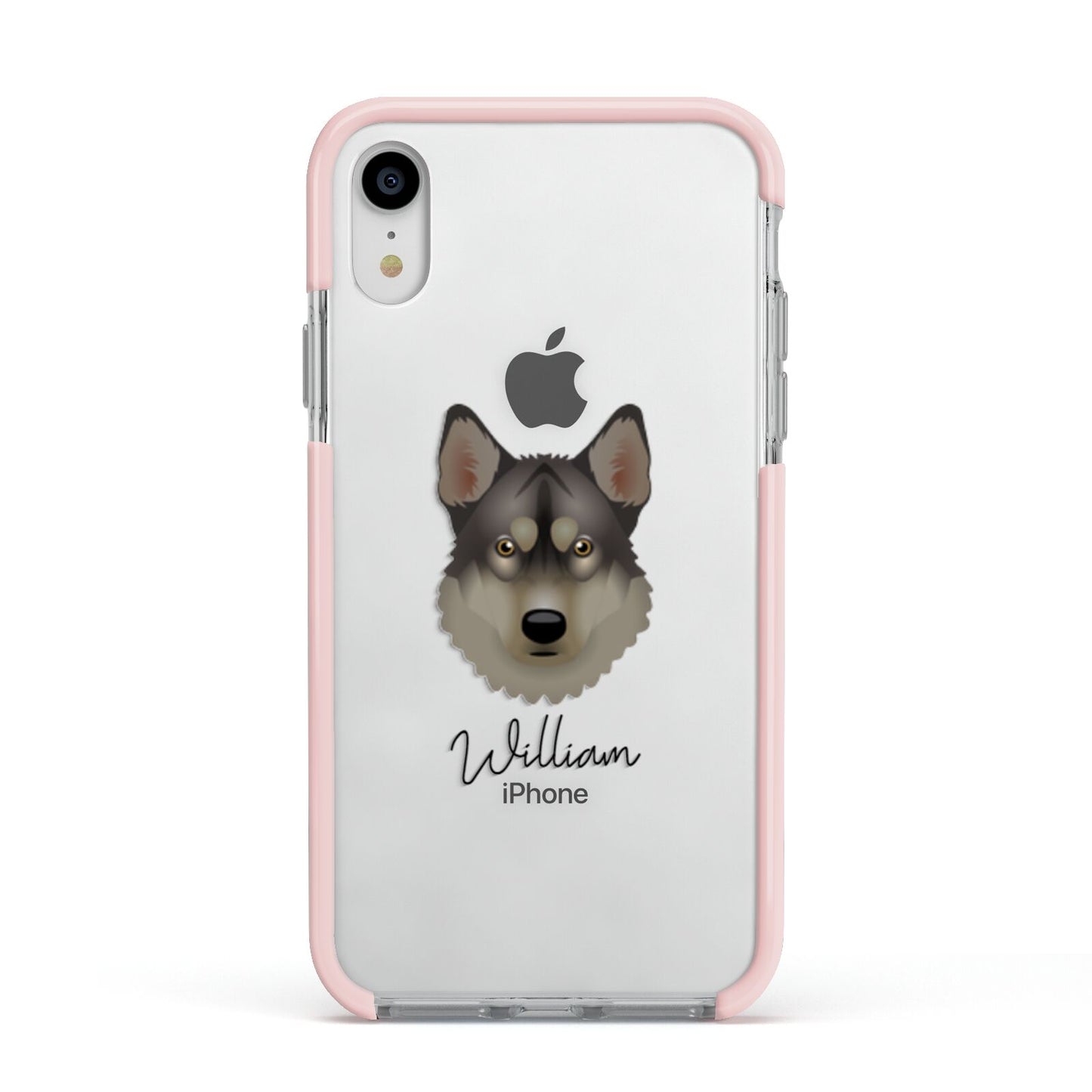 Tamaskan Personalised Apple iPhone XR Impact Case Pink Edge on Silver Phone