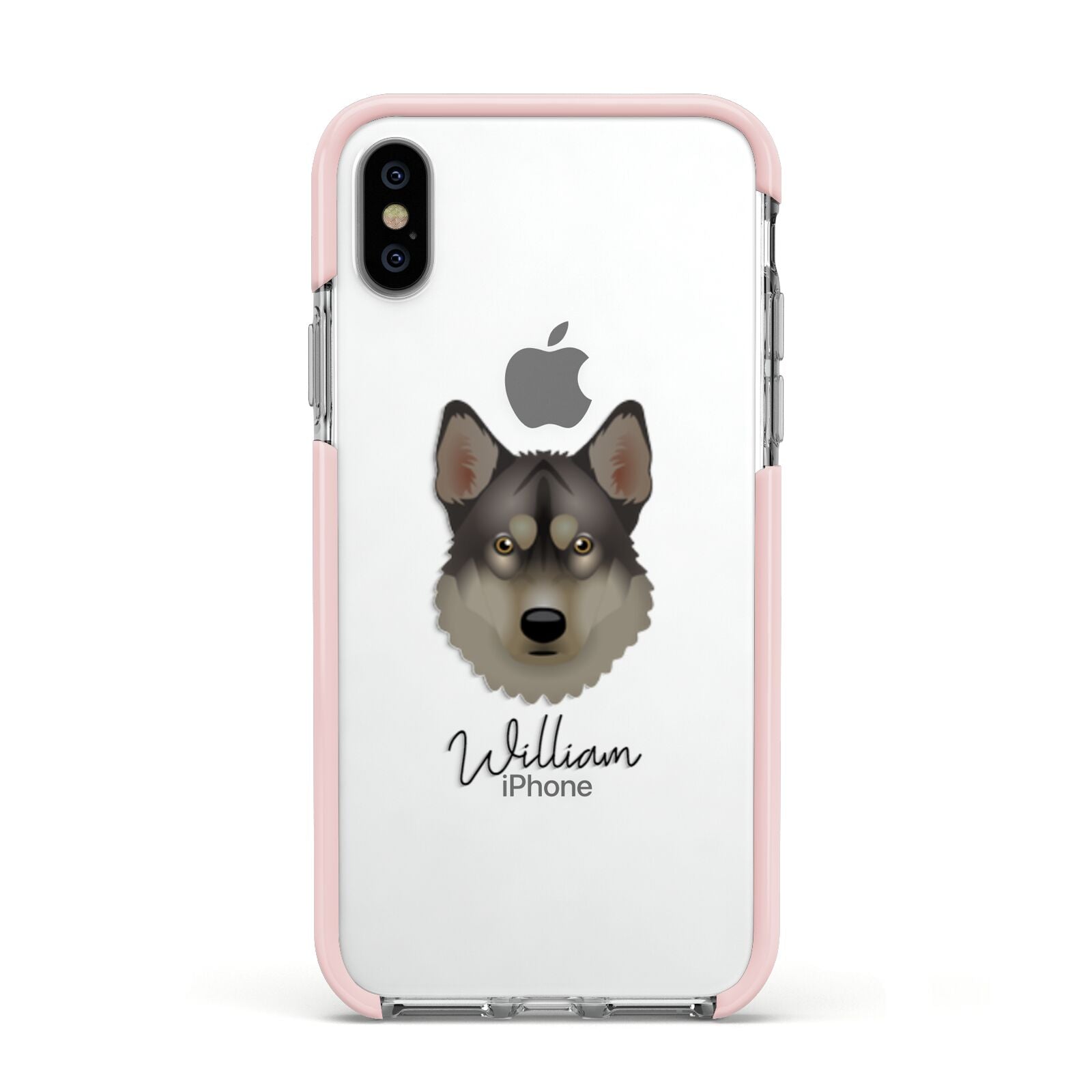 Tamaskan Personalised Apple iPhone Xs Impact Case Pink Edge on Silver Phone