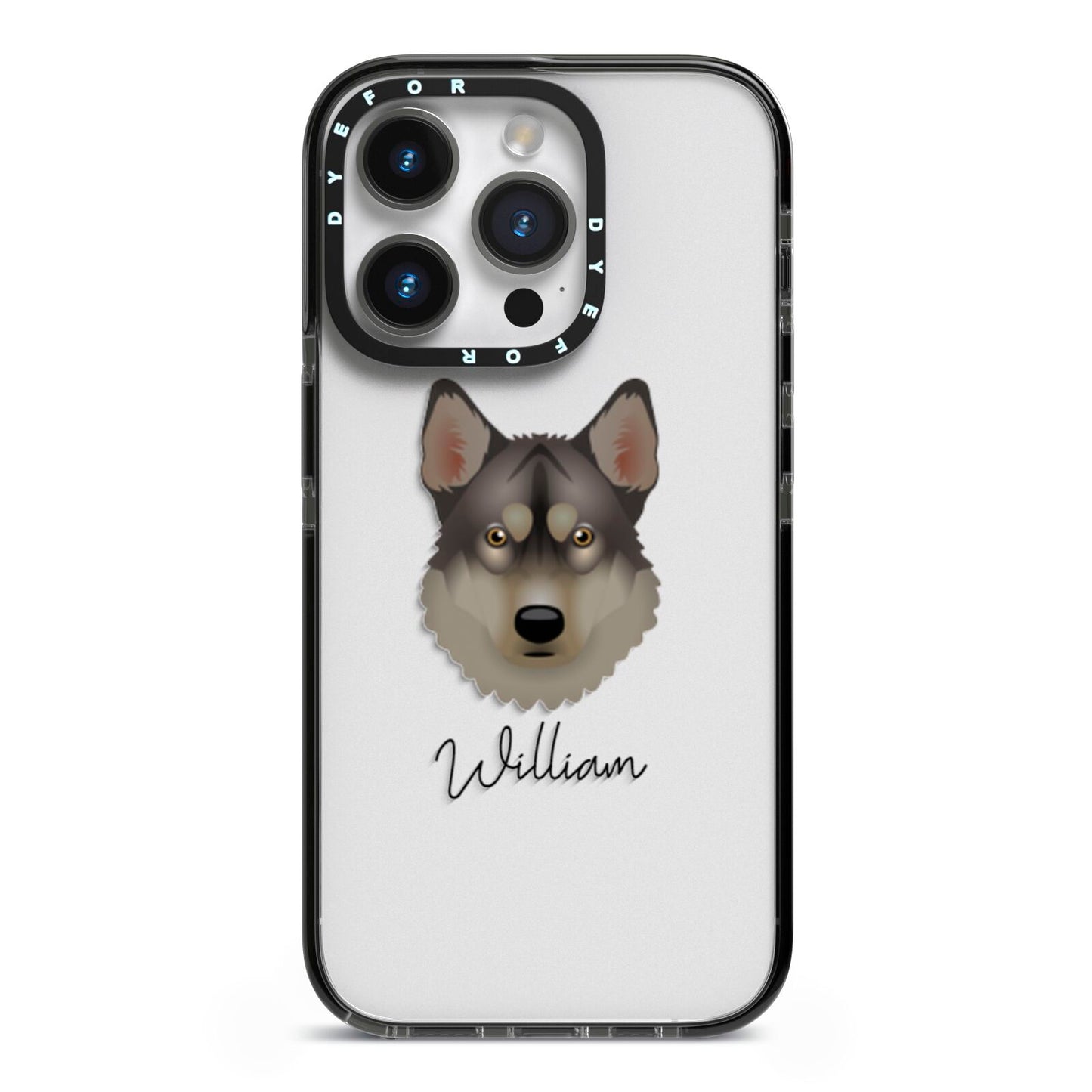 Tamaskan Personalised iPhone 14 Pro Black Impact Case on Silver phone