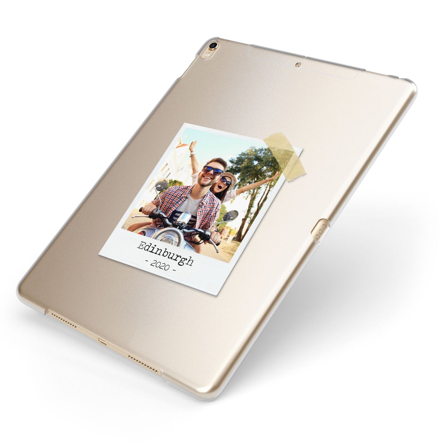 Taped Holiday Snap Photo Upload Apple iPad Case on Gold iPad Side View