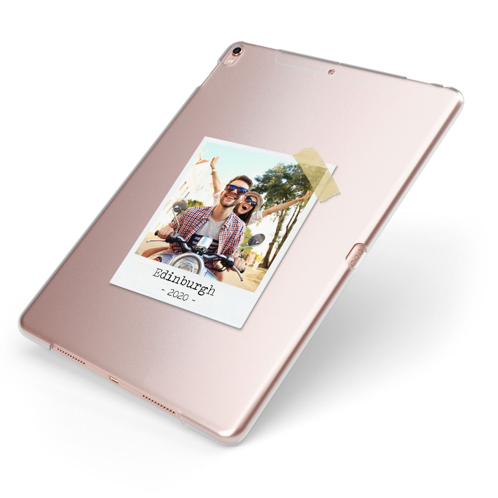 Taped Holiday Snap Photo Upload Apple iPad Case on Rose Gold iPad Side View