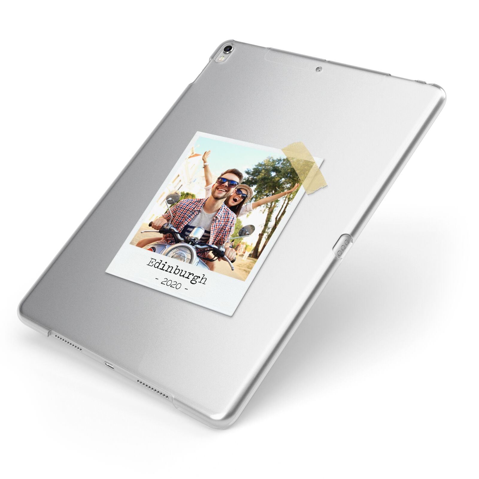 Taped Holiday Snap Photo Upload Apple iPad Case on Silver iPad Side View